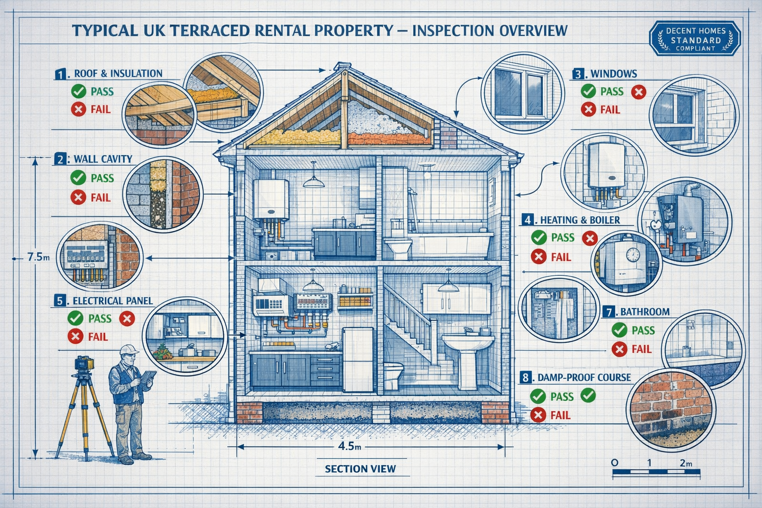 Wide () detailed cutaway architectural illustration of typical UK terraced rental property showing cross-section view with