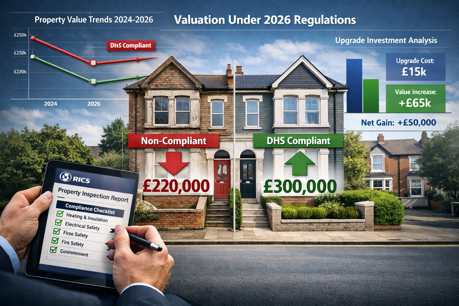 Professional () composite image showing valuation impact visualization for rental properties under 2026 regulations. Center