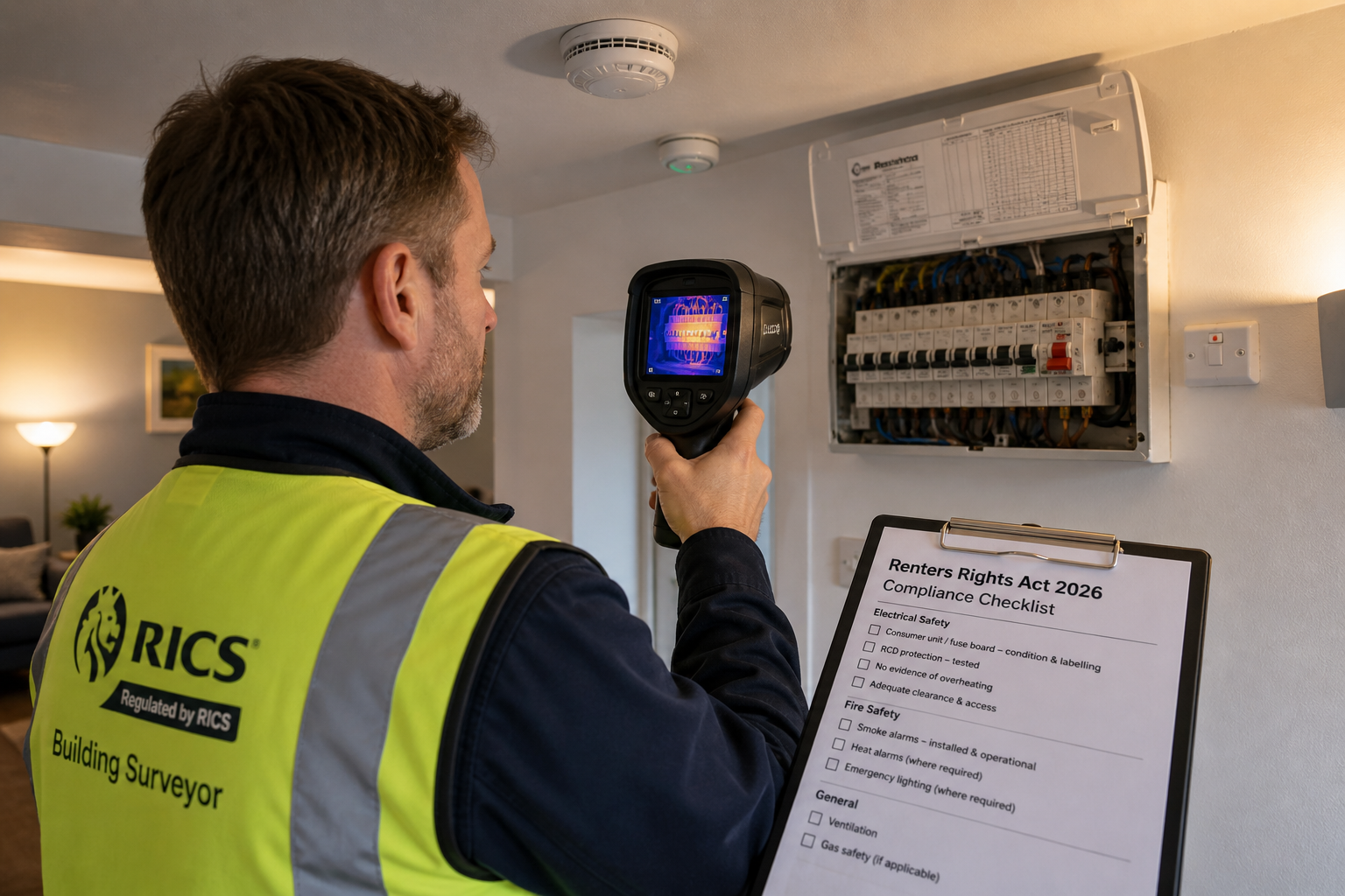 Detailed () editorial photograph-style image showing a RICS-accredited building surveyor in a high-visibility vest