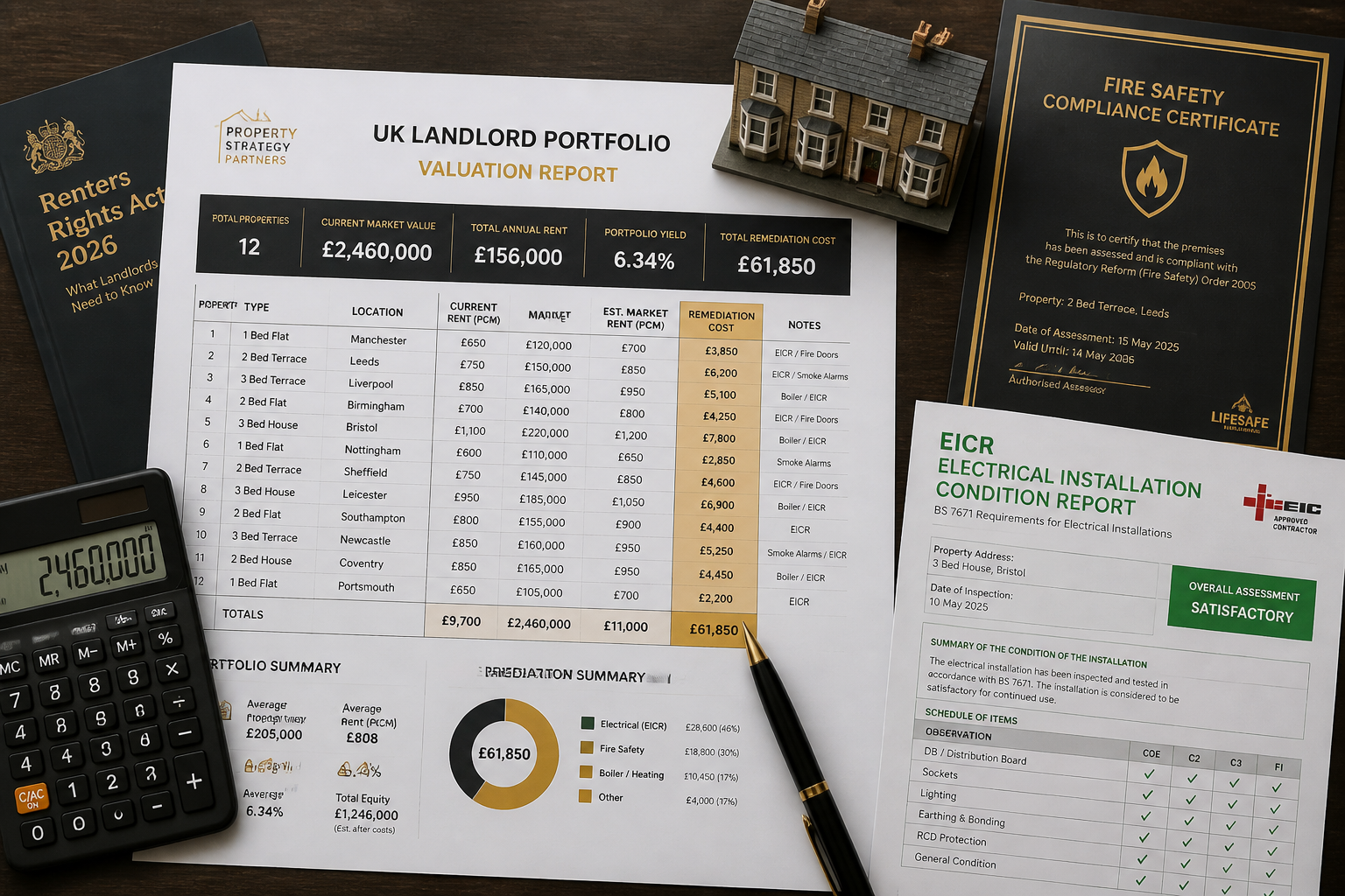 Detailed () top-down flat-lay composition on a dark oak desk showing a UK landlord portfolio valuation report with