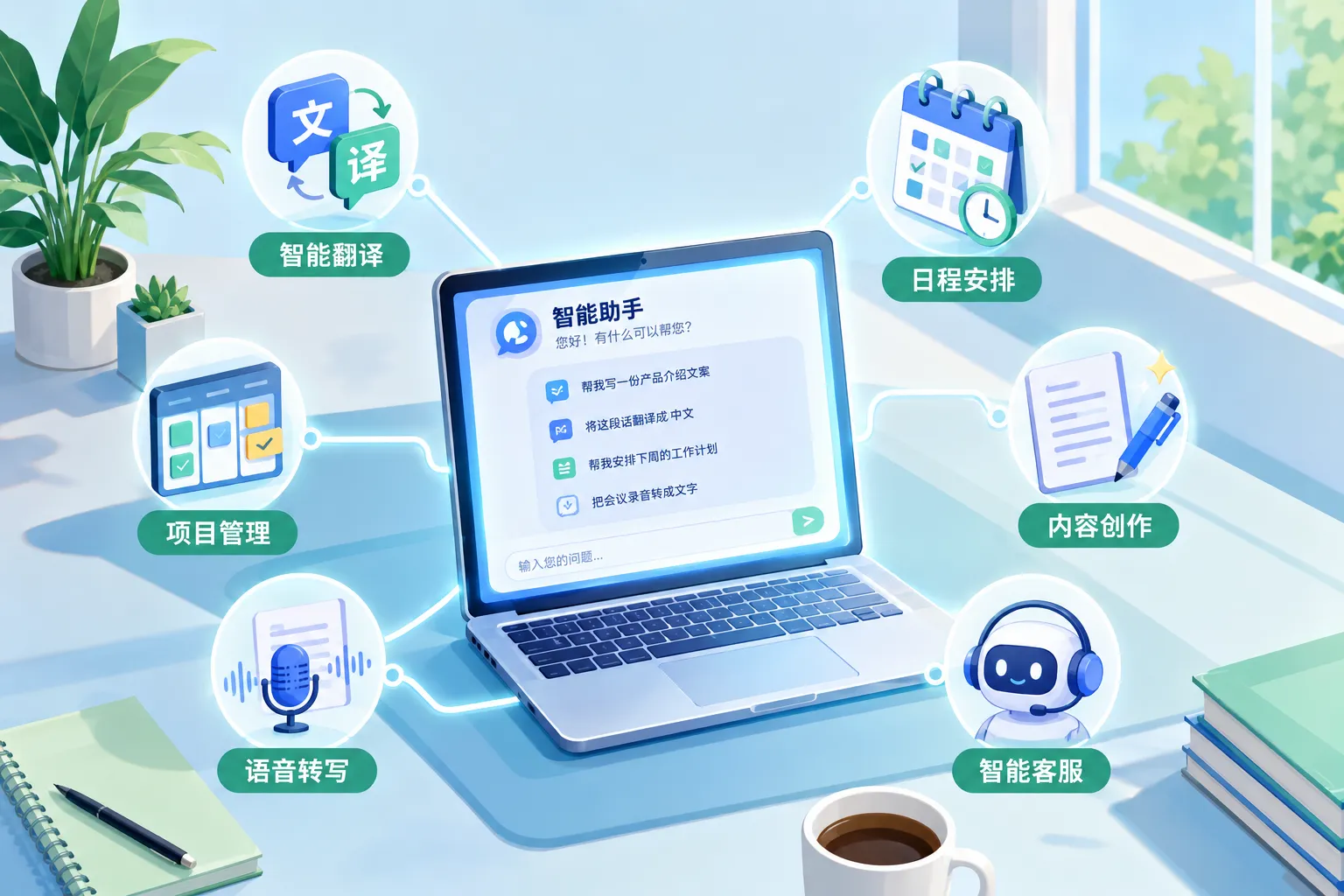 Isometric flat-vector illustration in bright daylight palette: a central glowing laptop screen displays Chinese-language AI