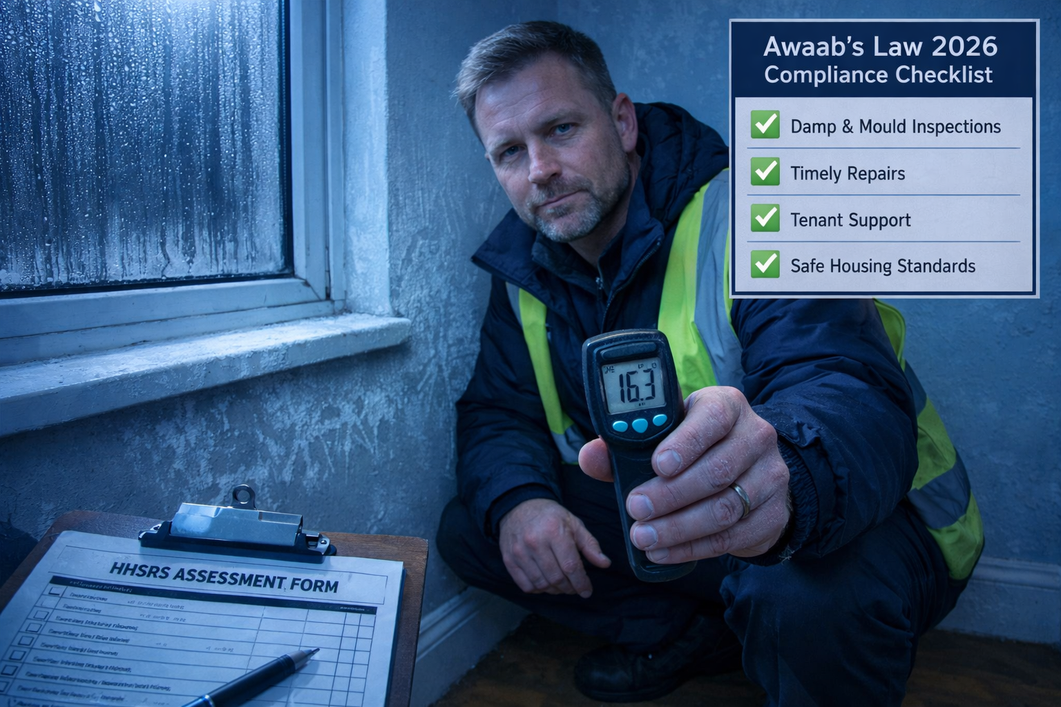 Wide-angle editorial photograph of a professional building surveyor crouching near a skirting board in a poorly insulated