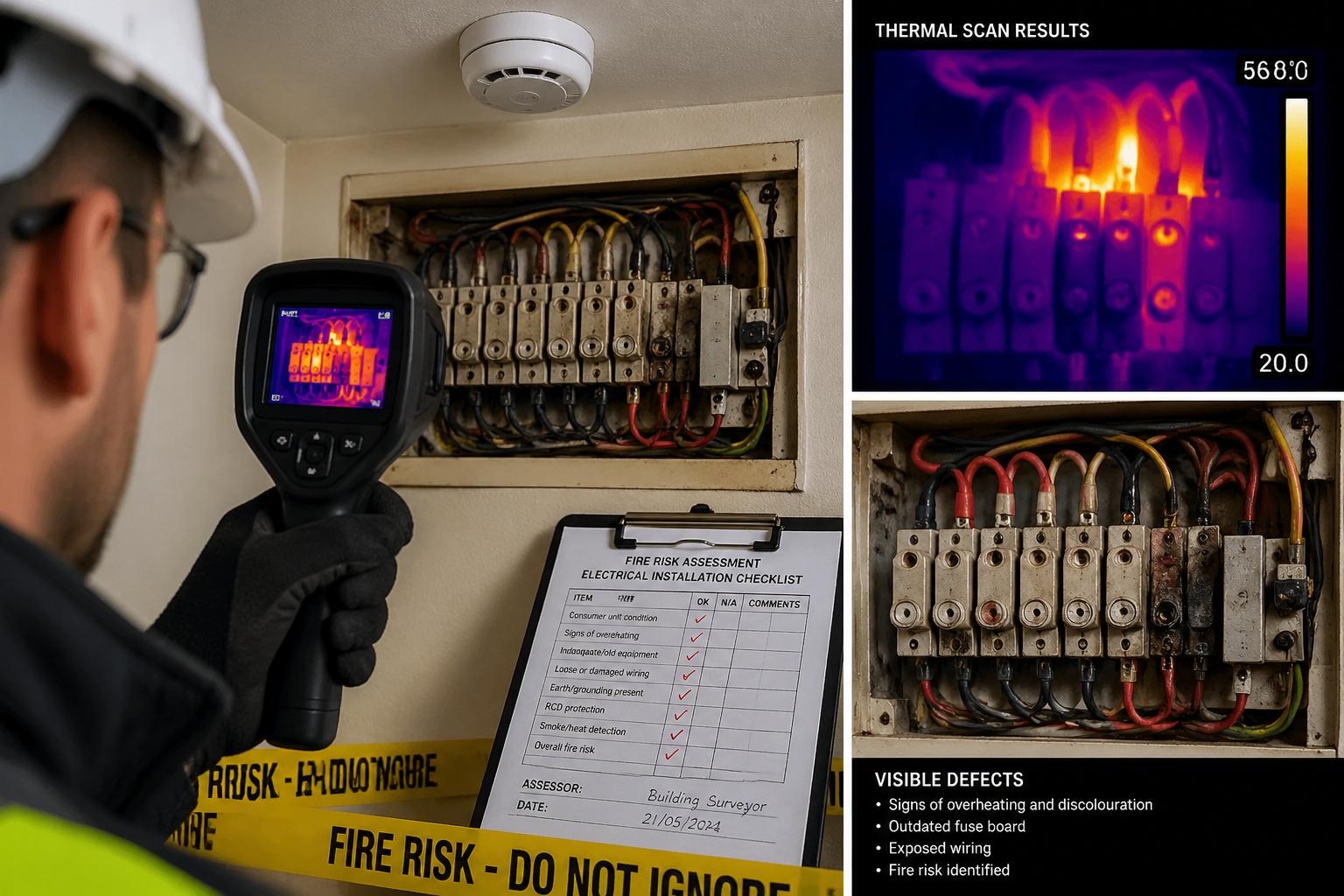 Close-up editorial image of a building surveyor inspecting a residential electrical consumer unit with a thermal imaging