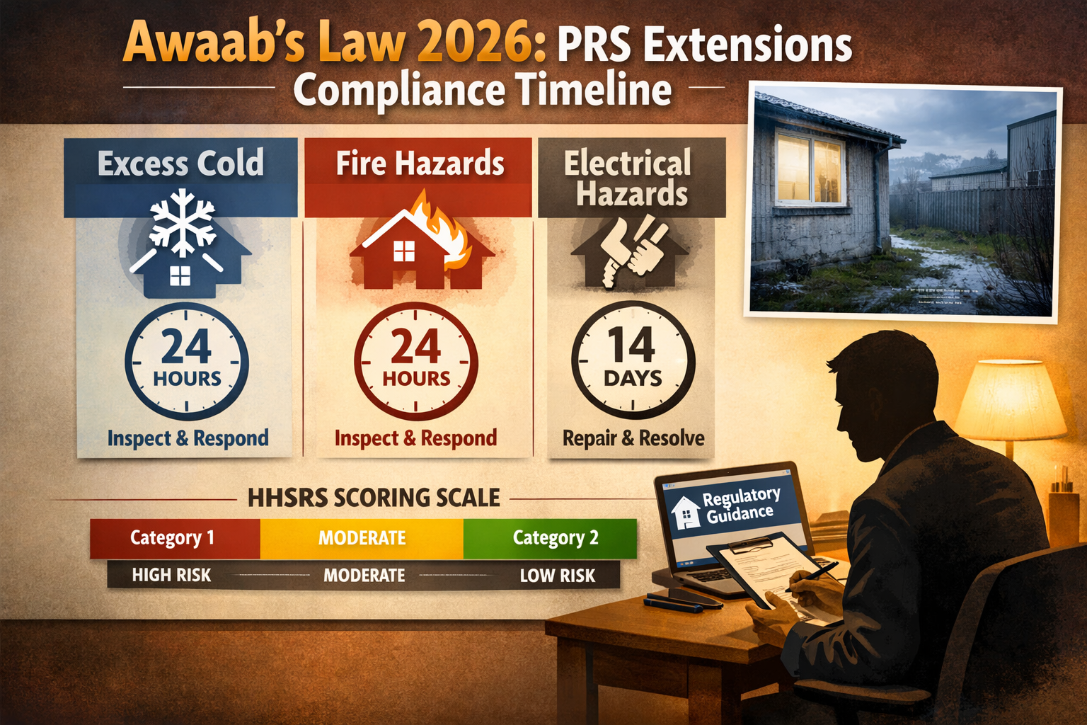 Infographic-style editorial image showing a structured compliance timeline for Awaab's Law 2026 PRS extensions, featuring