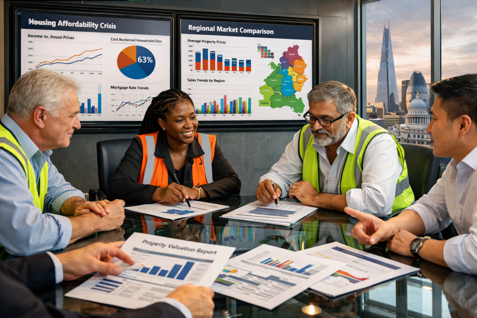 () image depicting diverse group of professional surveyors in collaborative strategy meeting at modern glass conference