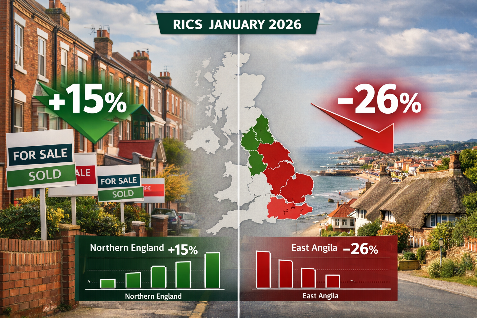 Detailed () image showing split-screen comparison of UK regional property markets. Left side displays vibrant Northern