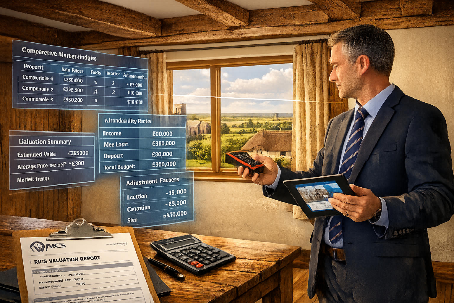 Detailed () image depicting professional chartered surveyor conducting property valuation in East Anglia setting. Scene