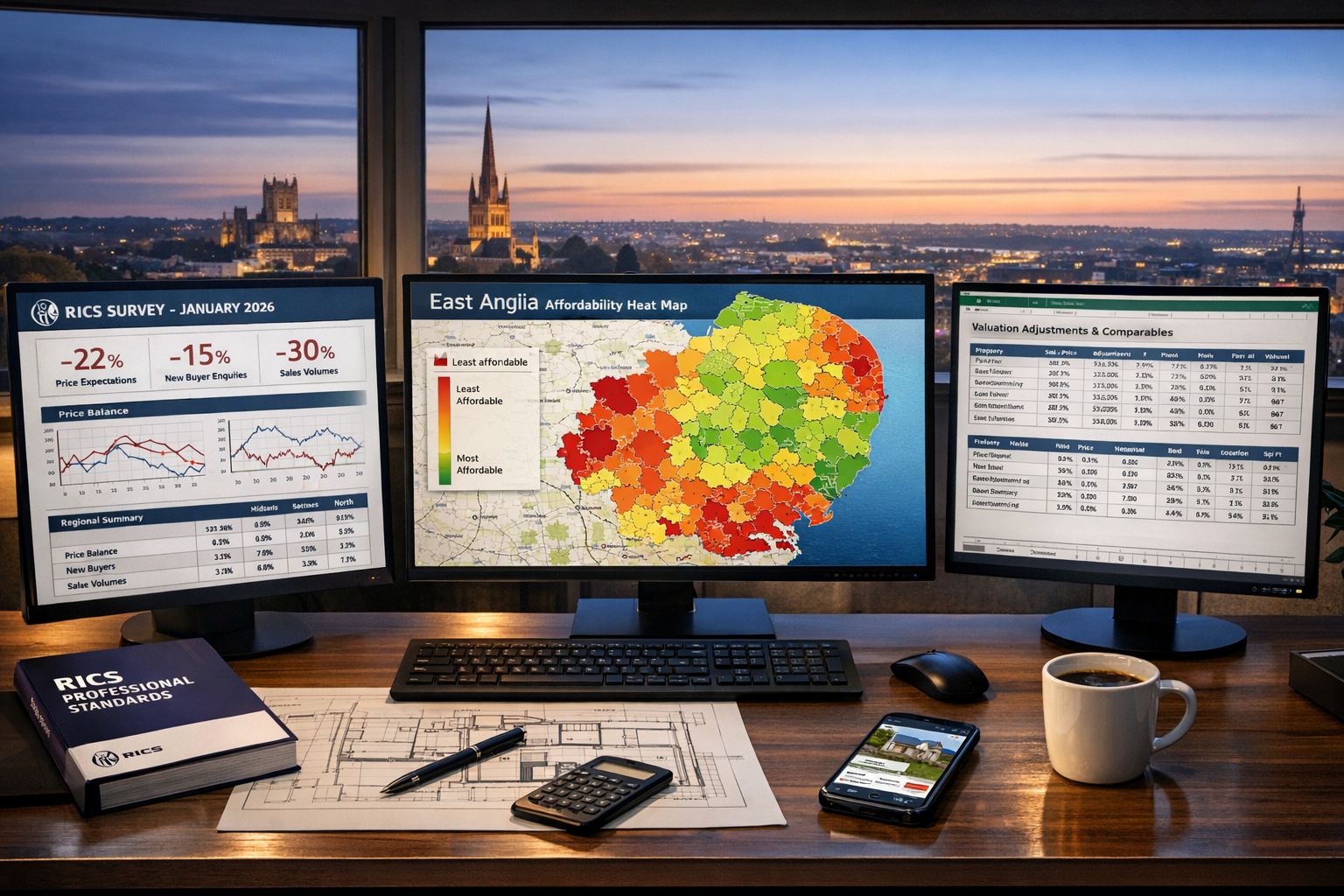 Detailed () image showing modern office desk workspace of property valuation professional with multiple monitors displaying