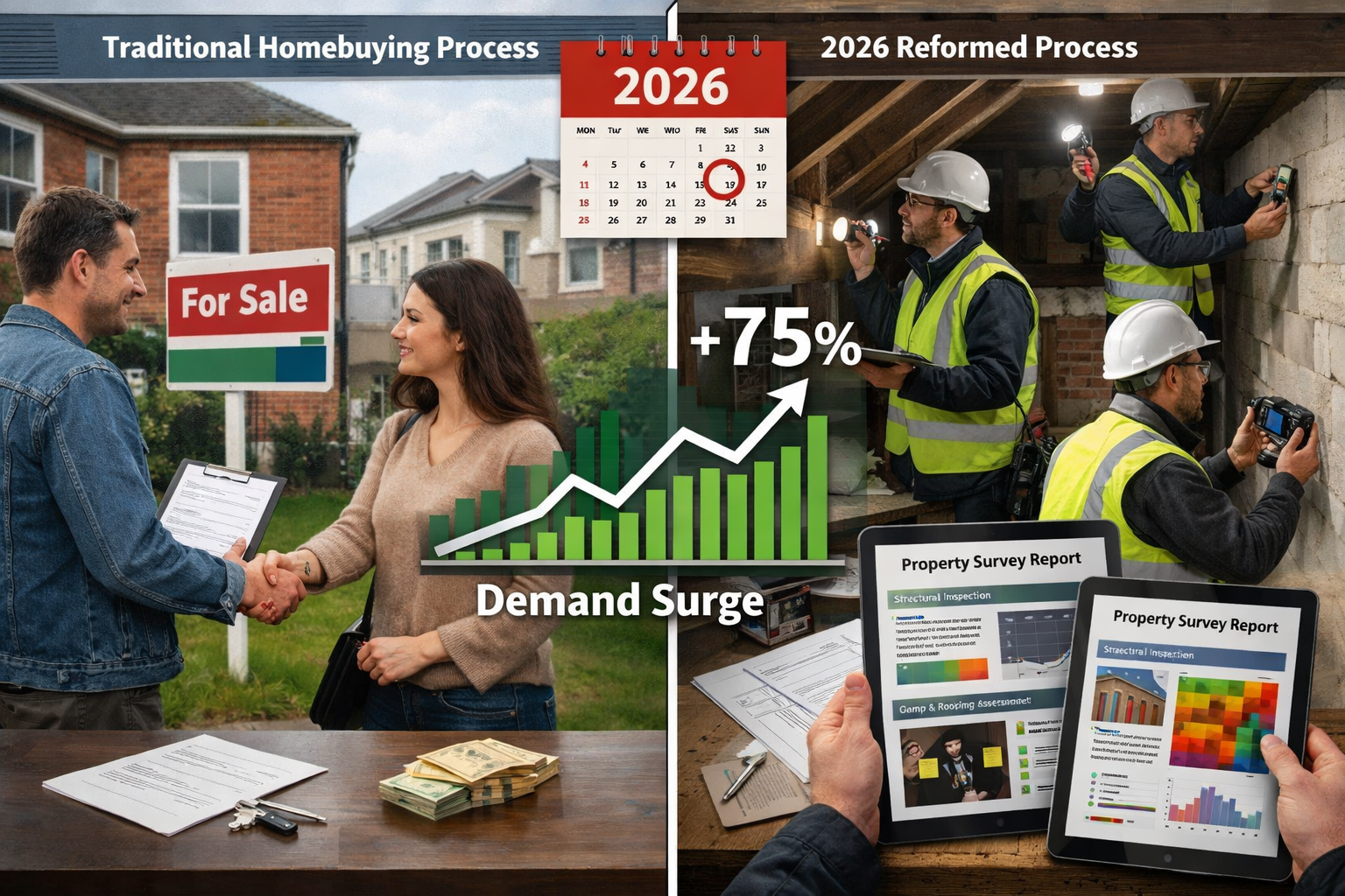 () conceptual illustration depicting 2026 homebuying reform impact with split-screen composition: left side shows