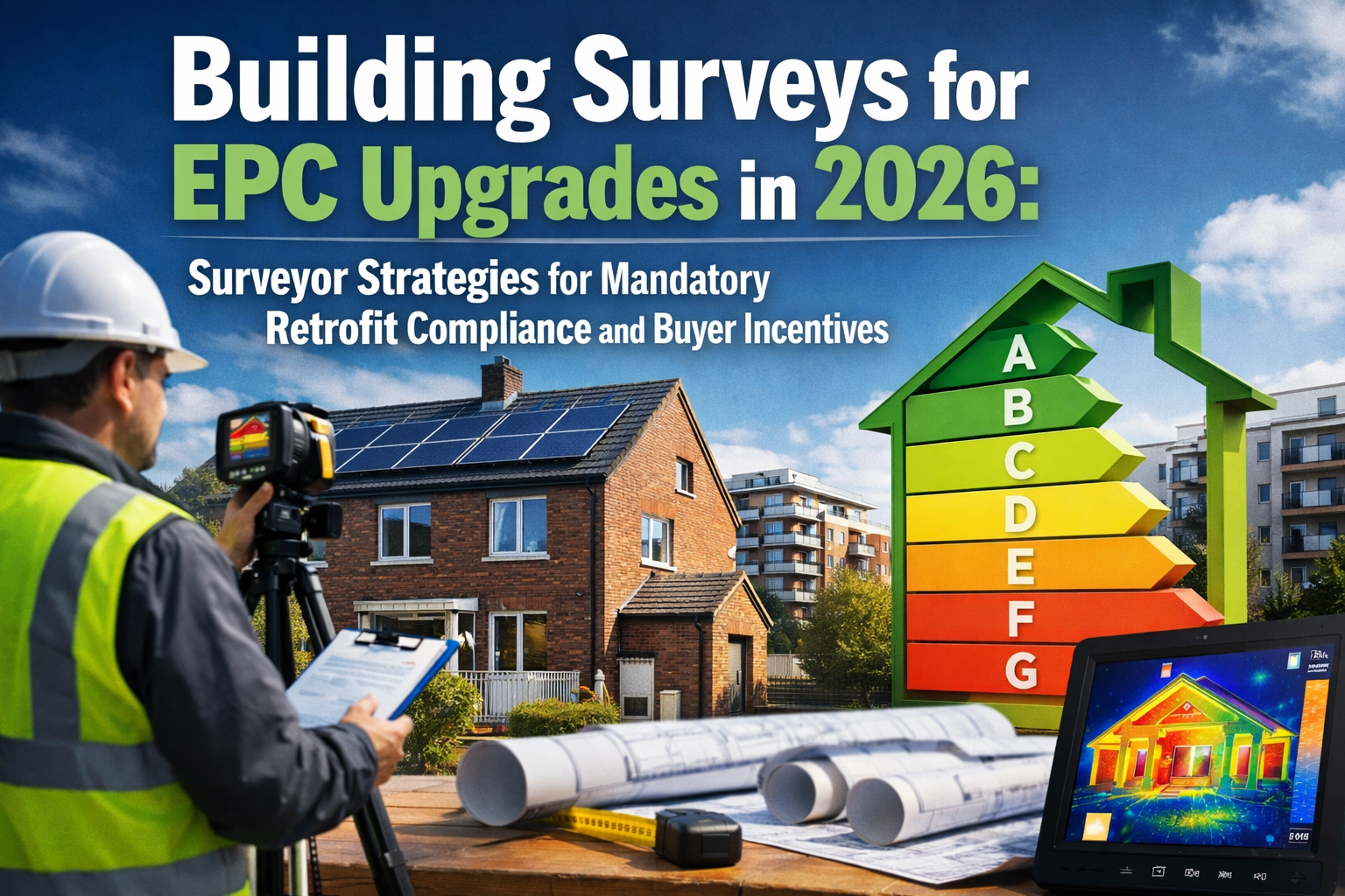 Professional landscape hero image (1536x1024) with bold text overlay: "Building Surveys for EPC Upgrades in 2026: Surveyor Strategies for Ma