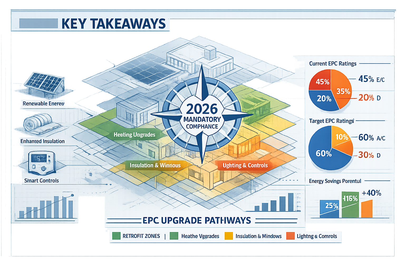 Key Takeaways section infographic: Isometric architectural blueprint layout with overlapping transparent layers showing EPC upgrade pathways