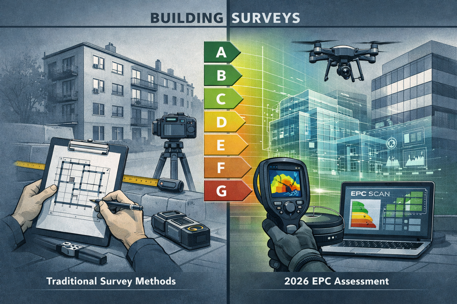 Building Surveys section visualization: Split-screen professional illustration showing traditional building survey methodology versus advanc