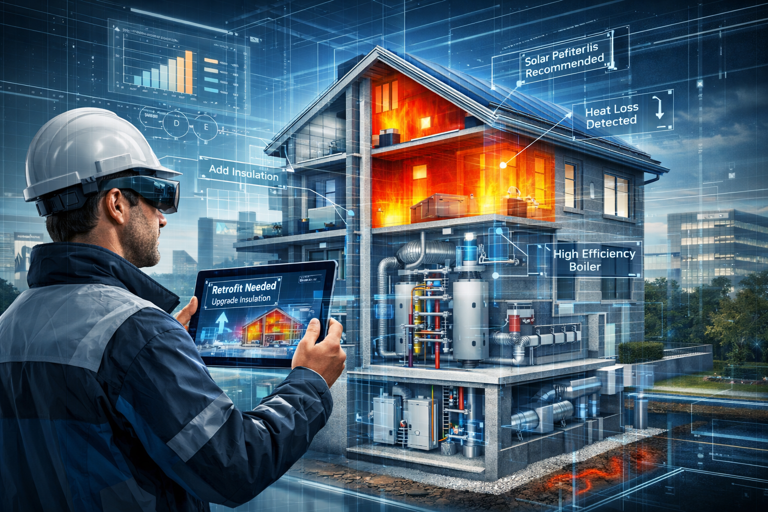 Surveyor Strategies section conceptual image: Architectural perspective showing a professional surveyor using augmented reality tablet/glass