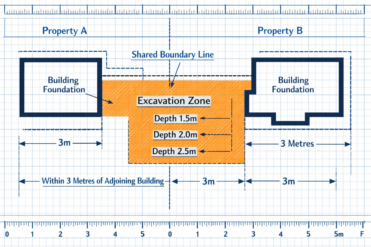 Detailed () technical diagram showing overhead plan view of two neighboring properties with shared boundary line, excavation