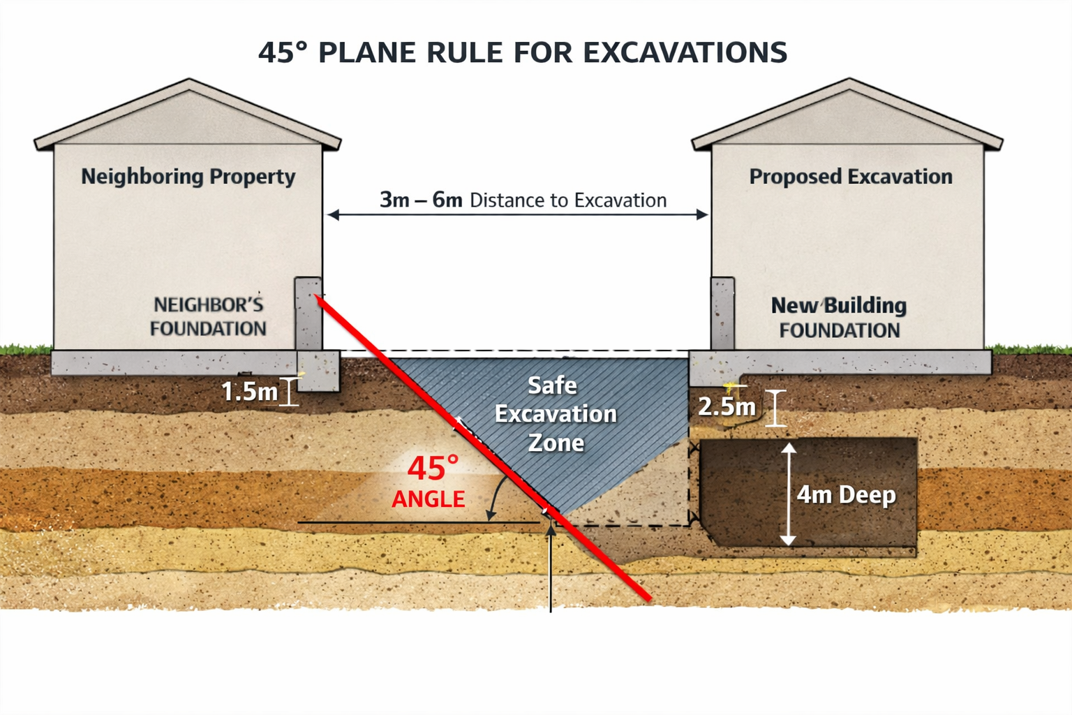Comprehensive () cross-sectional architectural illustration demonstrating the 45-degree plane rule for excavations between