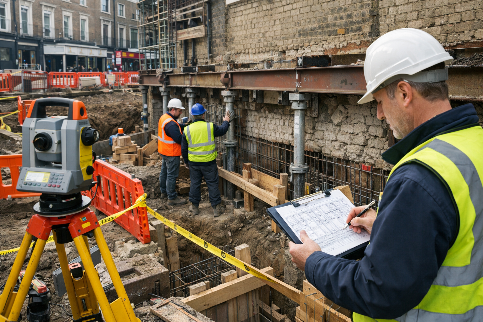 Detailed () photograph of construction site showing protective underpinning work in progress, steel support beams and