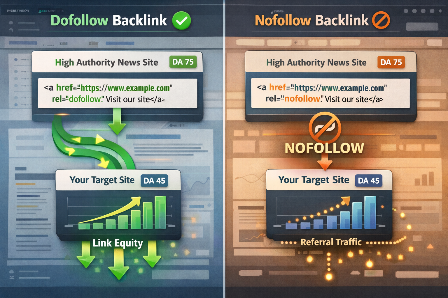 Landscape format (1536x1024) editorial illustration showing split-screen comparison of dofollow versus nofollow backlink examples with left 
