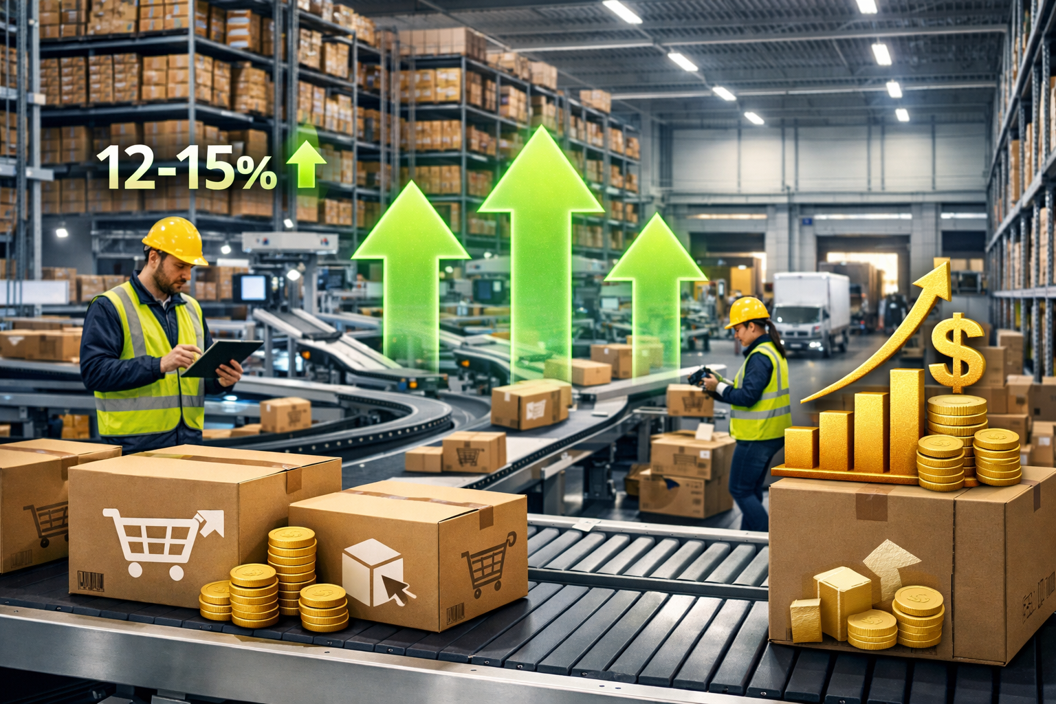 () modern e-commerce fulfillment center interior showing automated warehouse operations with conveyor belts, robotic sorting