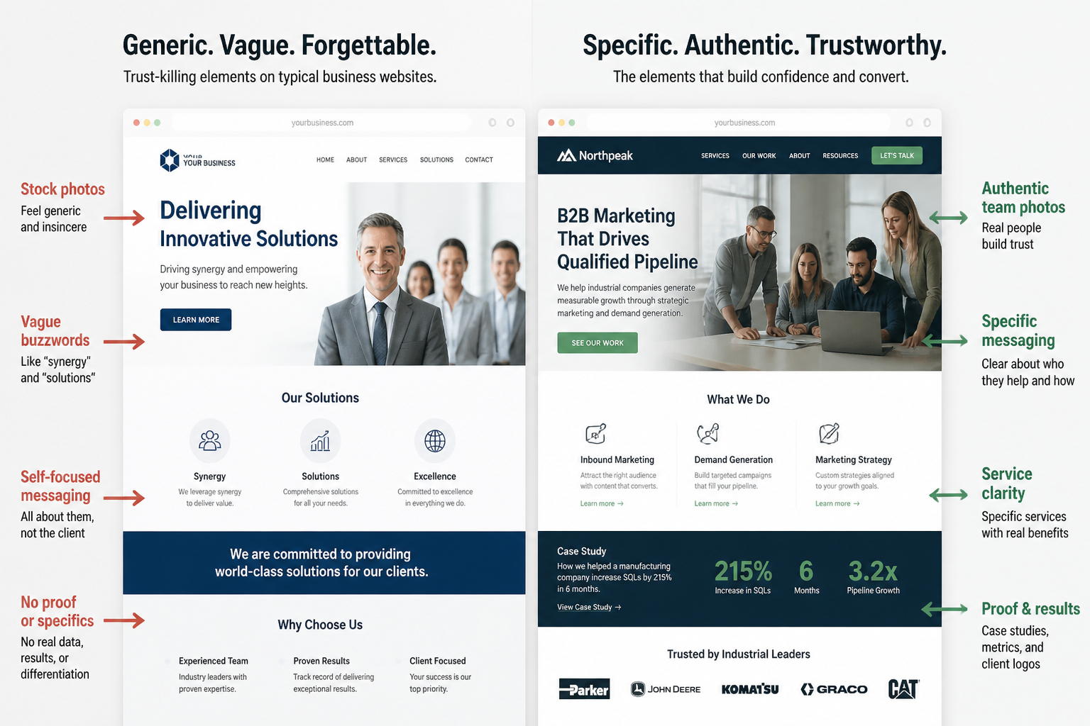 () image showing split-screen comparison of two business websites - left side displays generic stock photos and vague