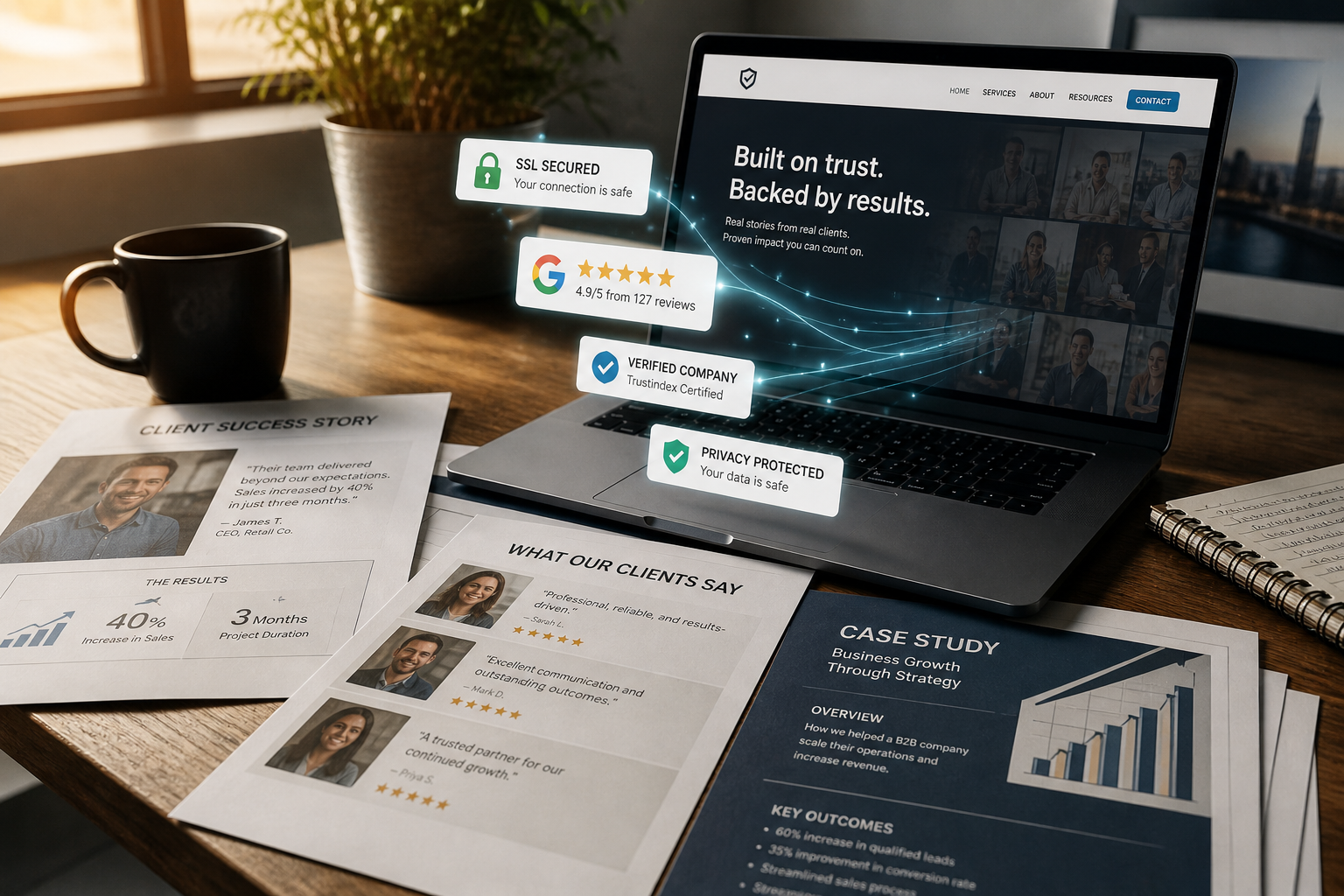 () conceptual illustration showing a business owner's desk with printed testimonials, case studies, and client photos