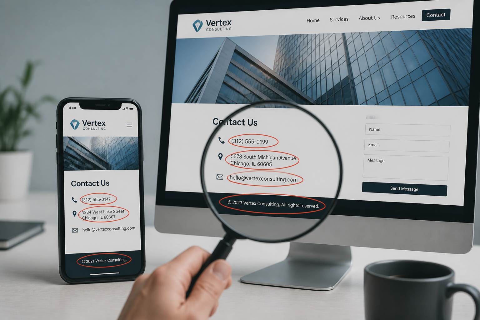 () image of mobile phone and desktop screens displaying same business website with inconsistent information - different