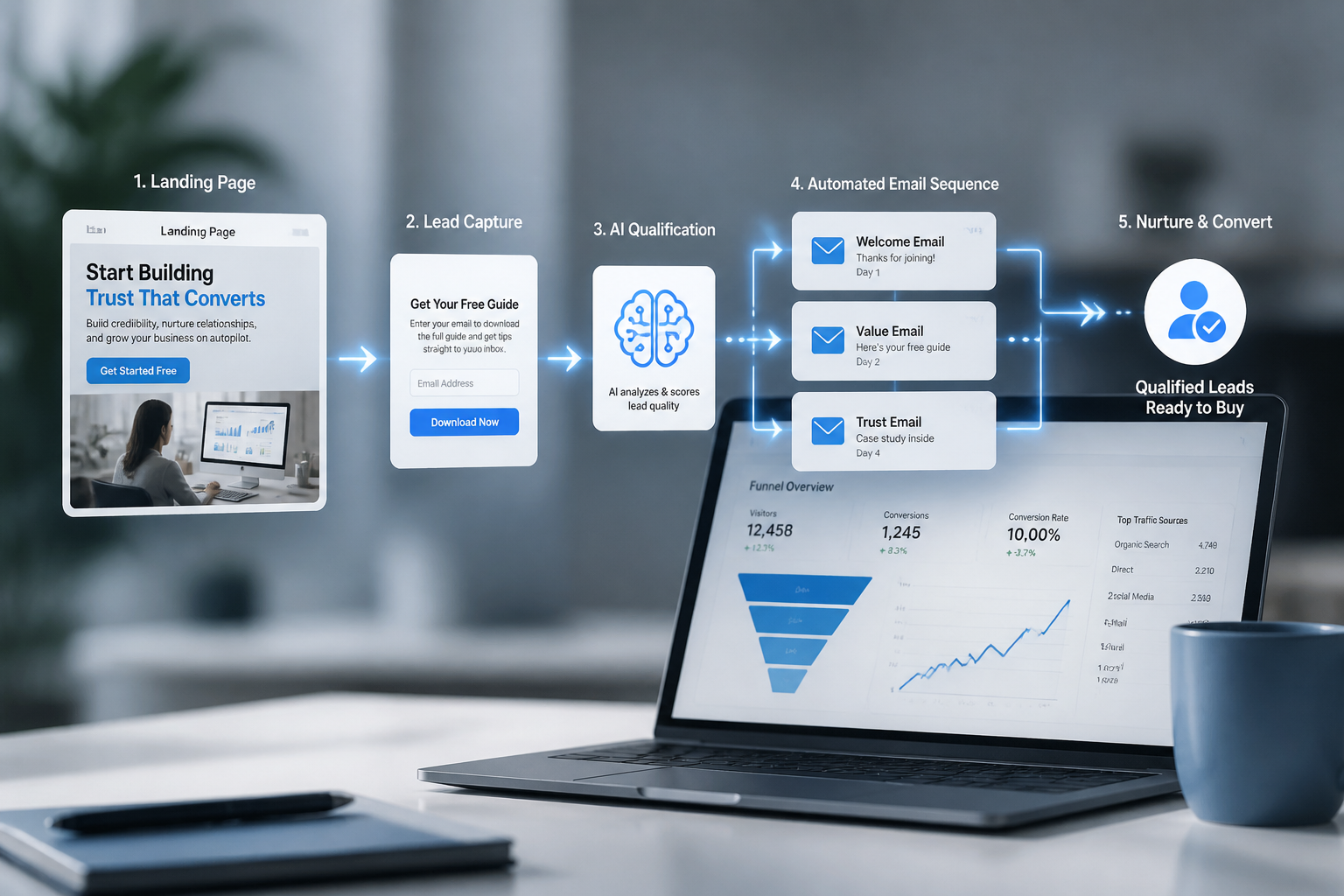 () visualization of automated sales funnel with AI-powered elements - website visitor journey from landing page through lead
