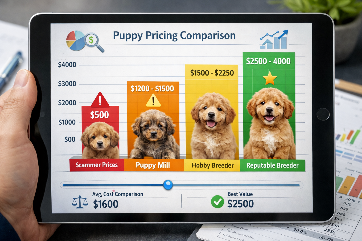 Interactive price comparison chart displayed on tablet screen showing four tiers: Scammer prices $500 (red warning), Puppy Mill Section Image200-1500 (