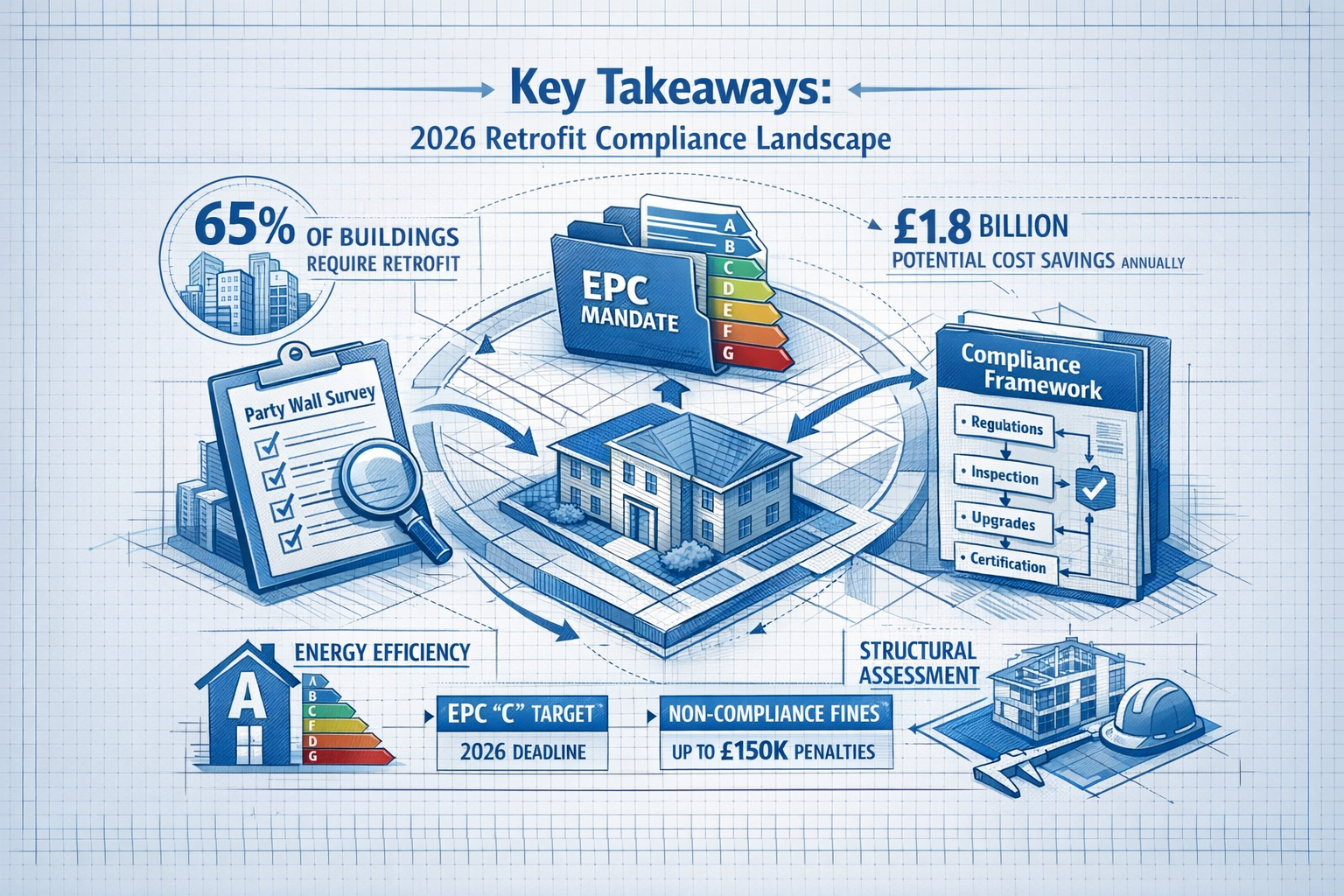 Key Takeaways section infographic with a dynamic, editorial-style visualization presenting 2026 retrofit compliance landscape. Central isome