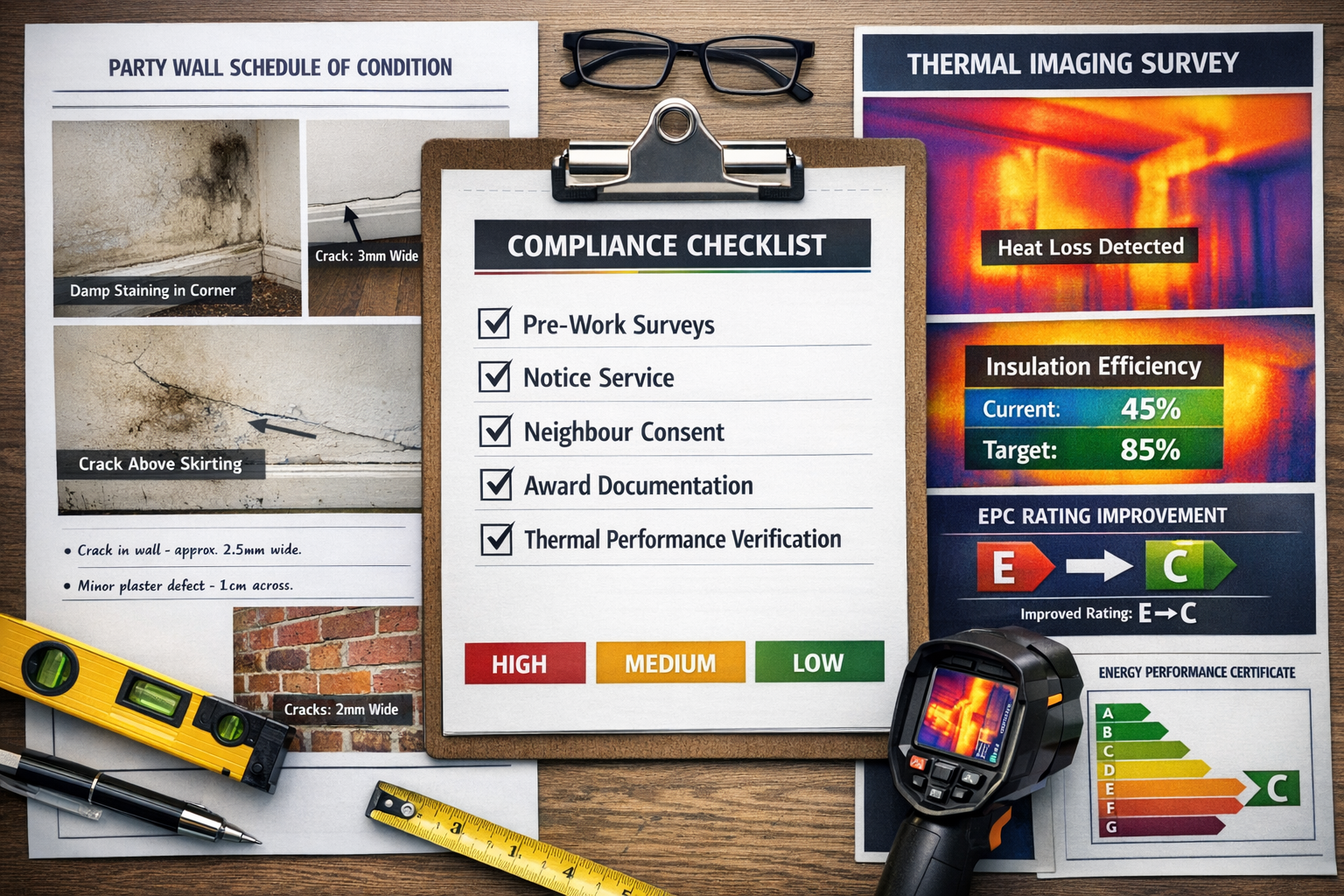 Landscape format (1536x1024) comprehensive compliance checklist visualization for 2026 EPC retrofit projects. Split-screen composition: left