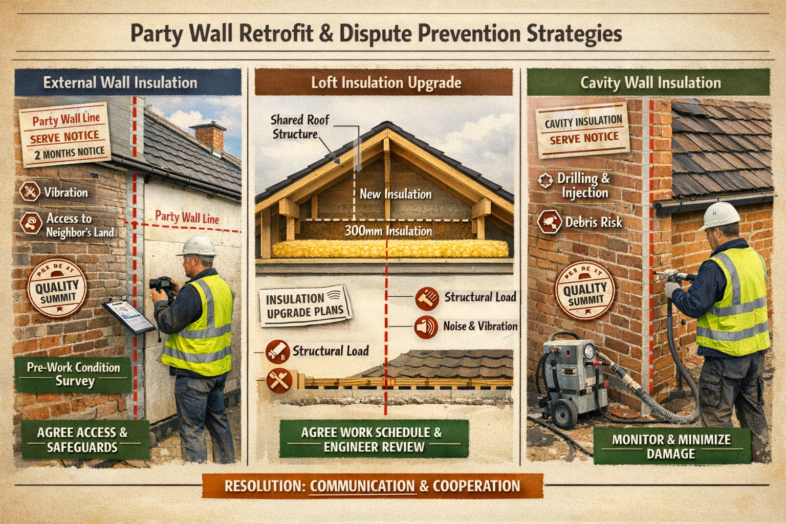 Landscape format (1536x1024) detailed visualization of common party wall retrofit scenarios and dispute prevention strategies. Three-panel l