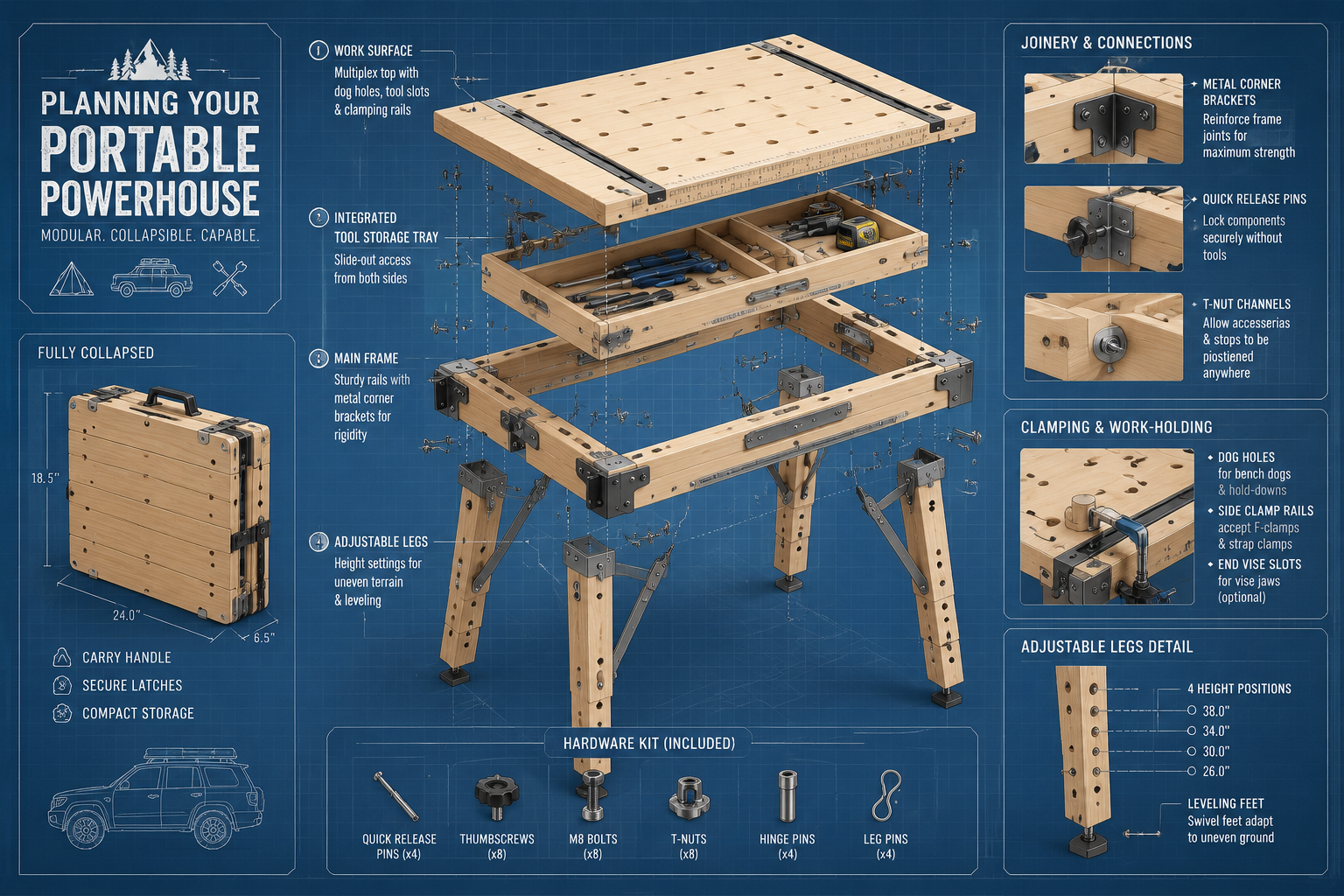 A detailed illustration showing the various modular components of a collapsible outdoor workbench in an exploded view,