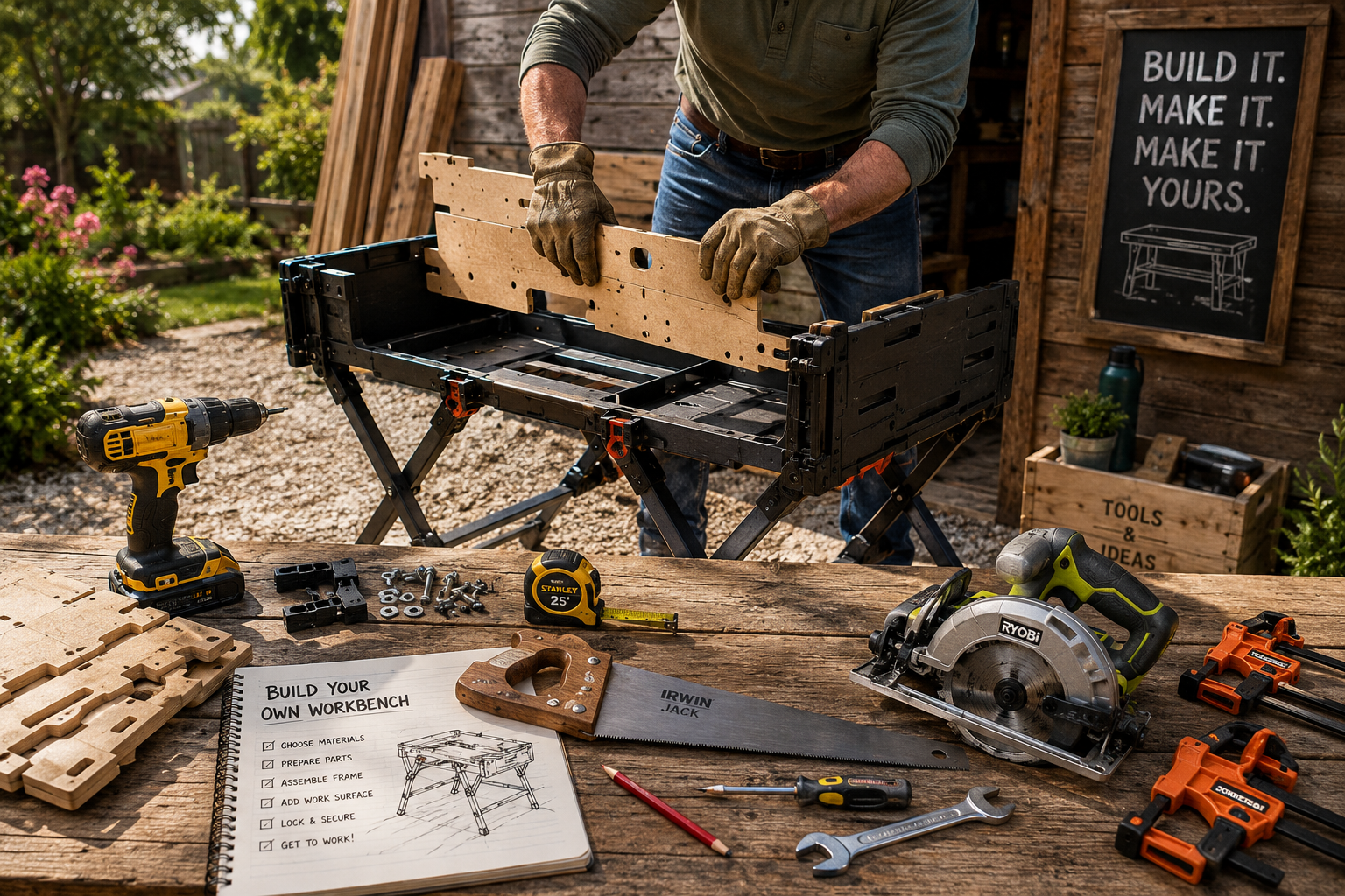 A vibrant outdoor scene depicting a partially assembled collapsible workbench being put together by a person in work gloves,