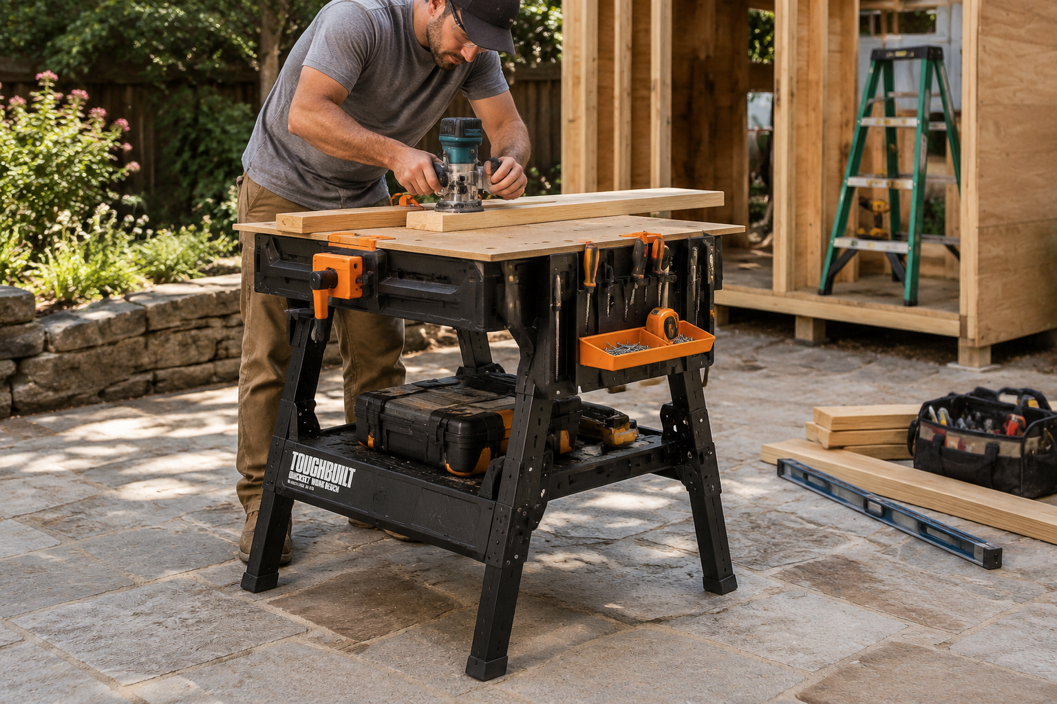 A completed collapsible outdoor workbench in use at an on-site project location, such as a backyard patio construction or a