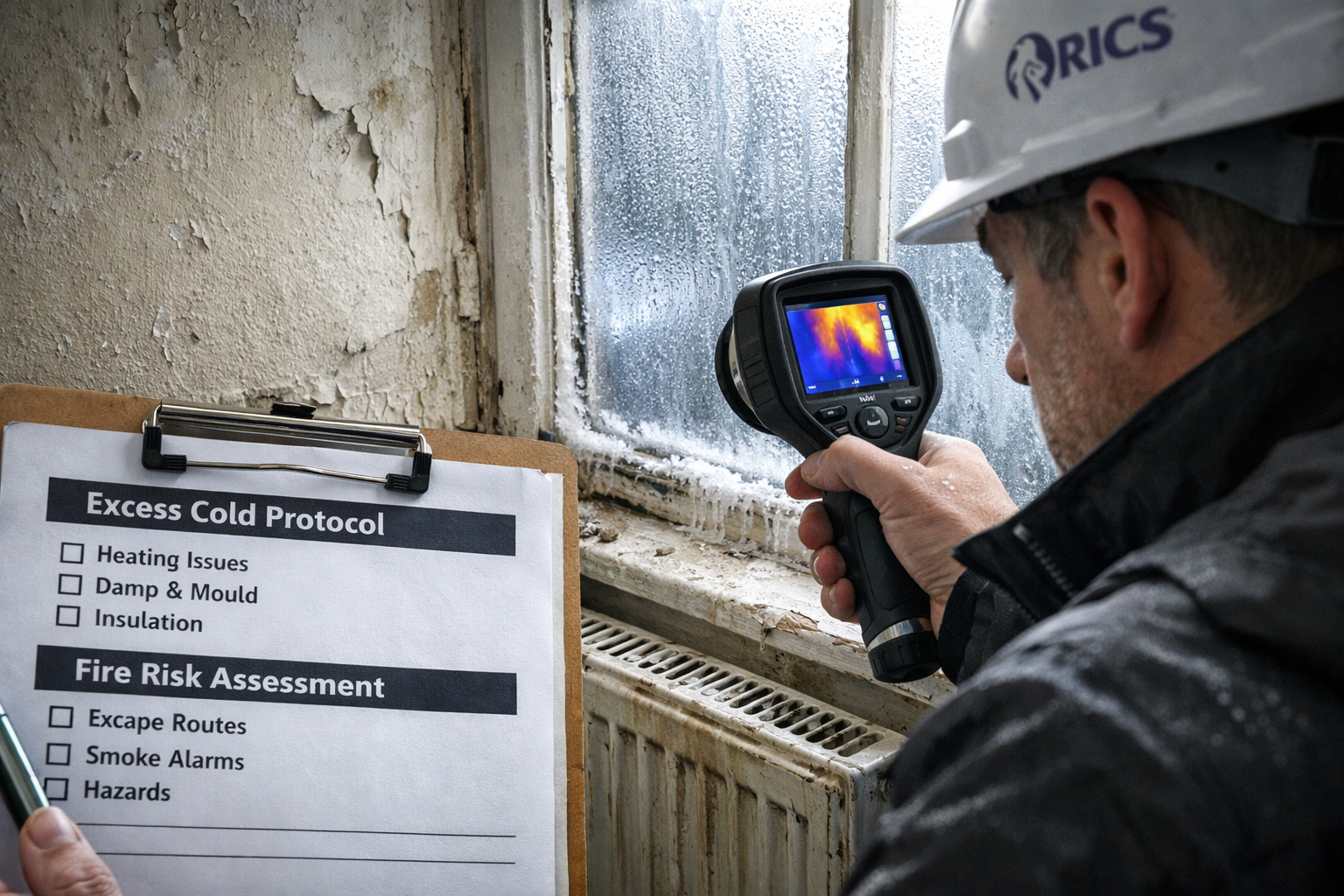 Detailed () showing a professional RICS surveyor conducting a Level 3 building survey inside a cold, poorly insulated rental