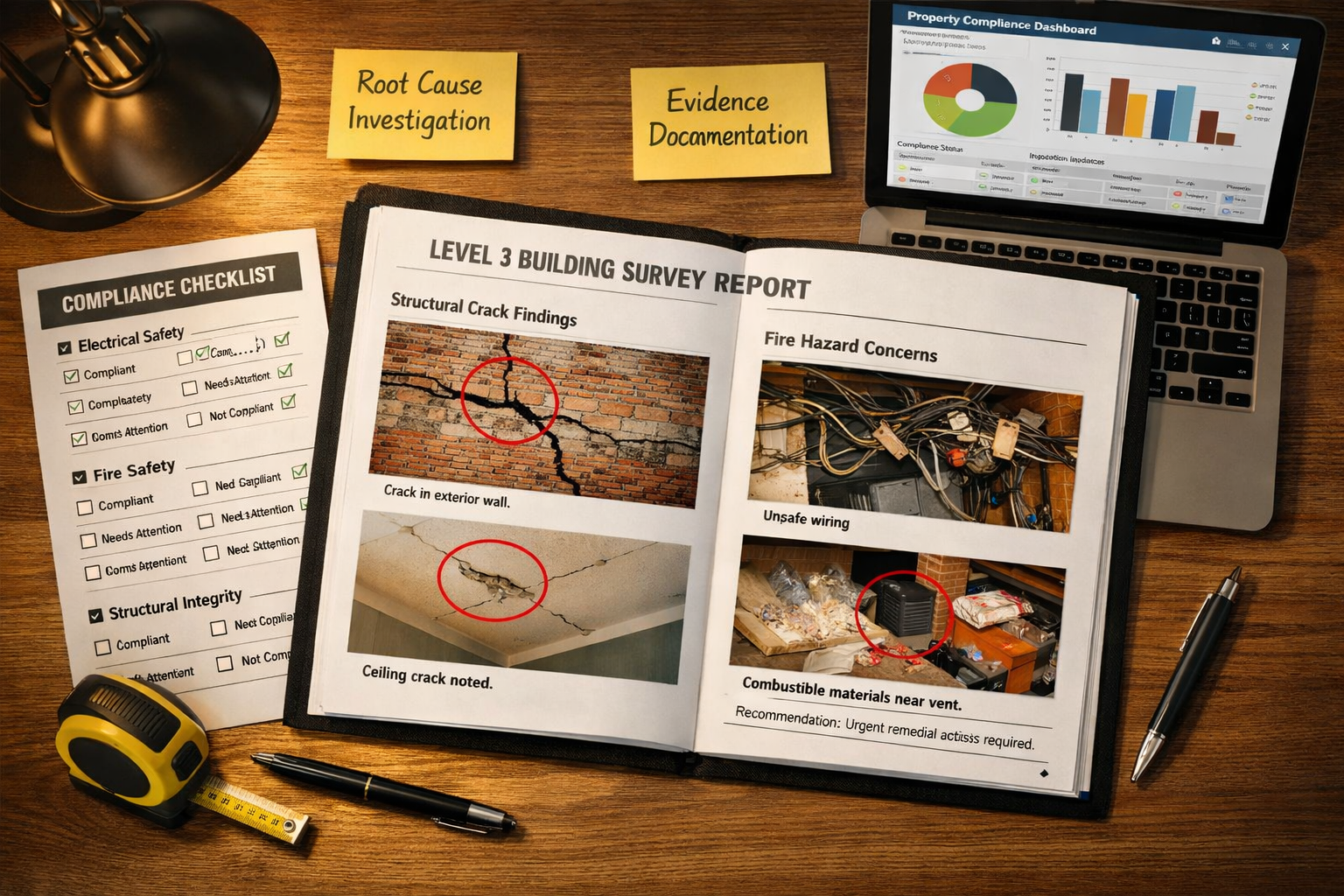 Detailed () showing an overhead bird's-eye view of a surveyor's desk with a completed Level 3 building survey report spread