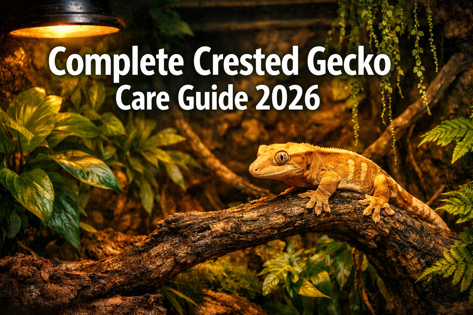 Professional landscape format (1536x1024) hero image featuring bold text overlay 'Complete Crested Gecko Care Guide 2026' in extra large 72p