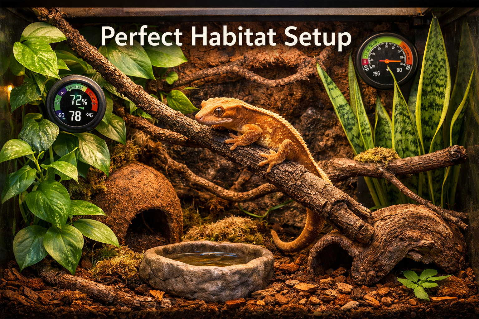 Detailed landscape format (1536x1024) image showing a perfectly set up crested gecko terrarium with vertical space, live plants like pothos 