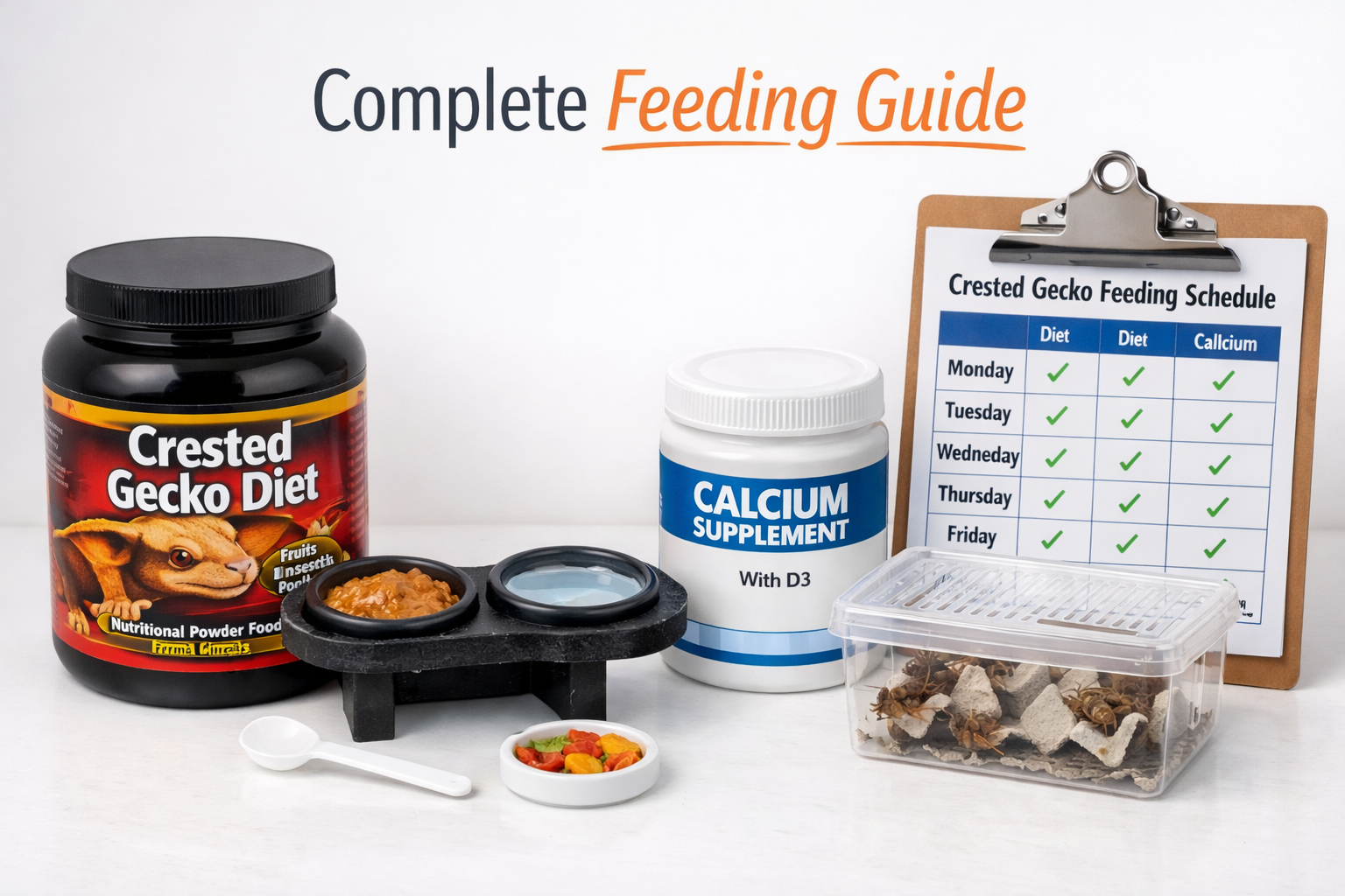 Detailed landscape format (1536x1024) image displaying crested gecko feeding essentials including commercial crested gecko diet powder in co