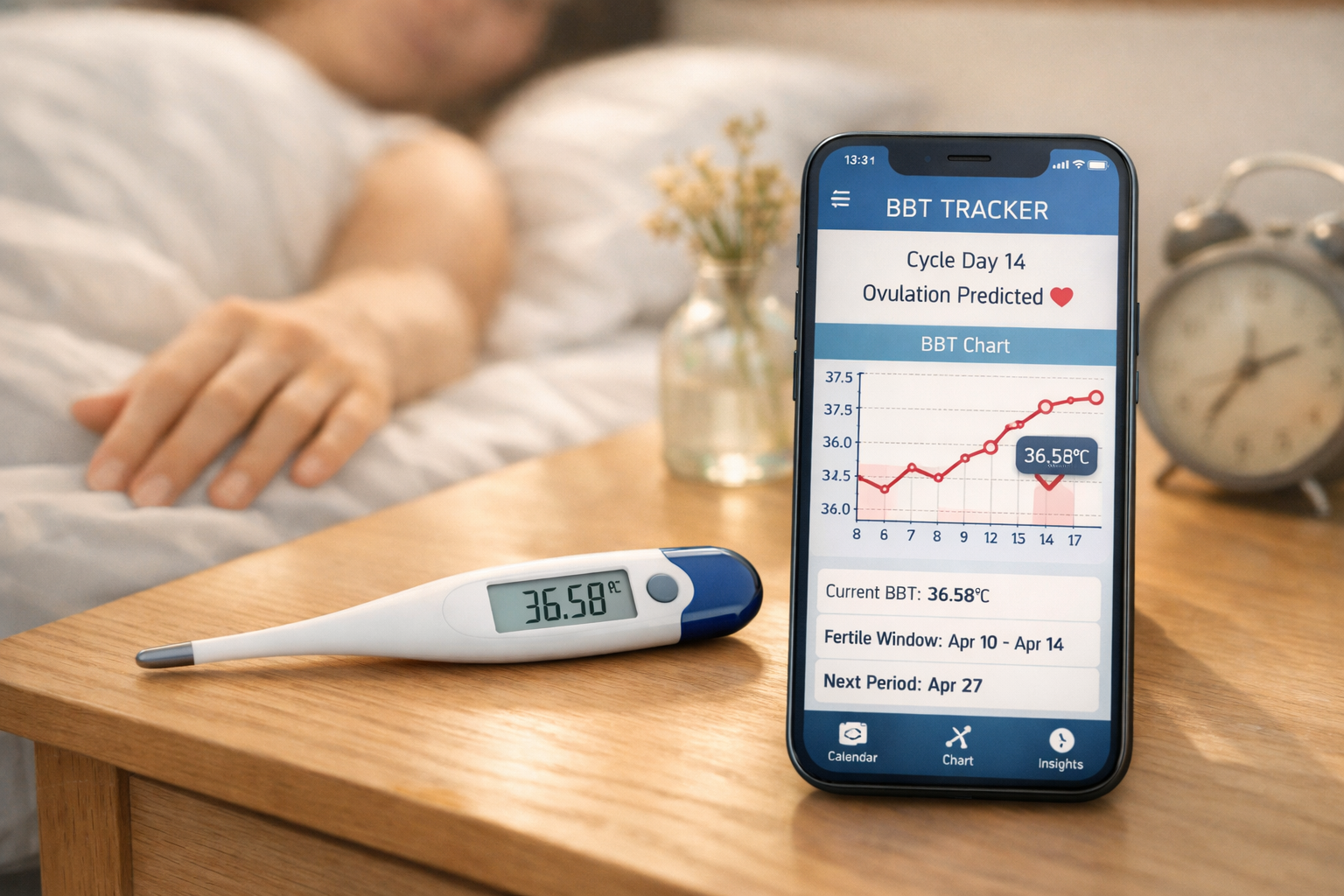 Detailed () image illustrating the concept of Basal Body Temperature (BBT) tracking for ovulation. The image features a
