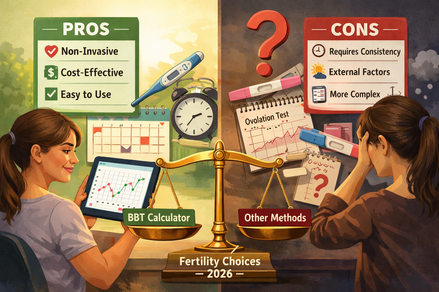 Detailed () image visually comparing the benefits and limitations of using a bbt calculator against other fertility tracking