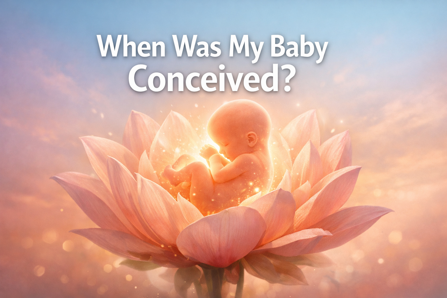 Professional () hero image with : 'When Was My Baby Conceived?', centered over a serene, warm-lit image of a blooming flower