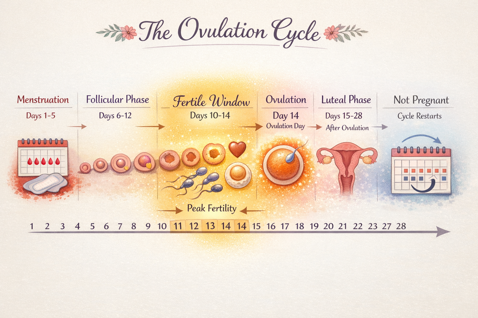 A beautifully illustrated timeline graphic detailing the ovulation cycle, from menstruation to fertile window and ovulation