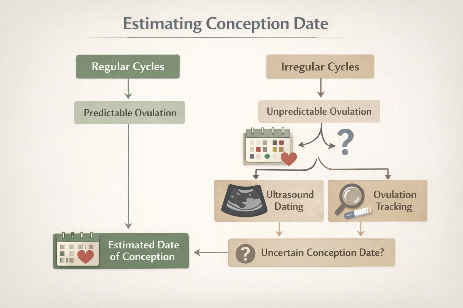 A visual flow chart or decision tree demonstrating how irregular periods complicate conception date estimation. The chart