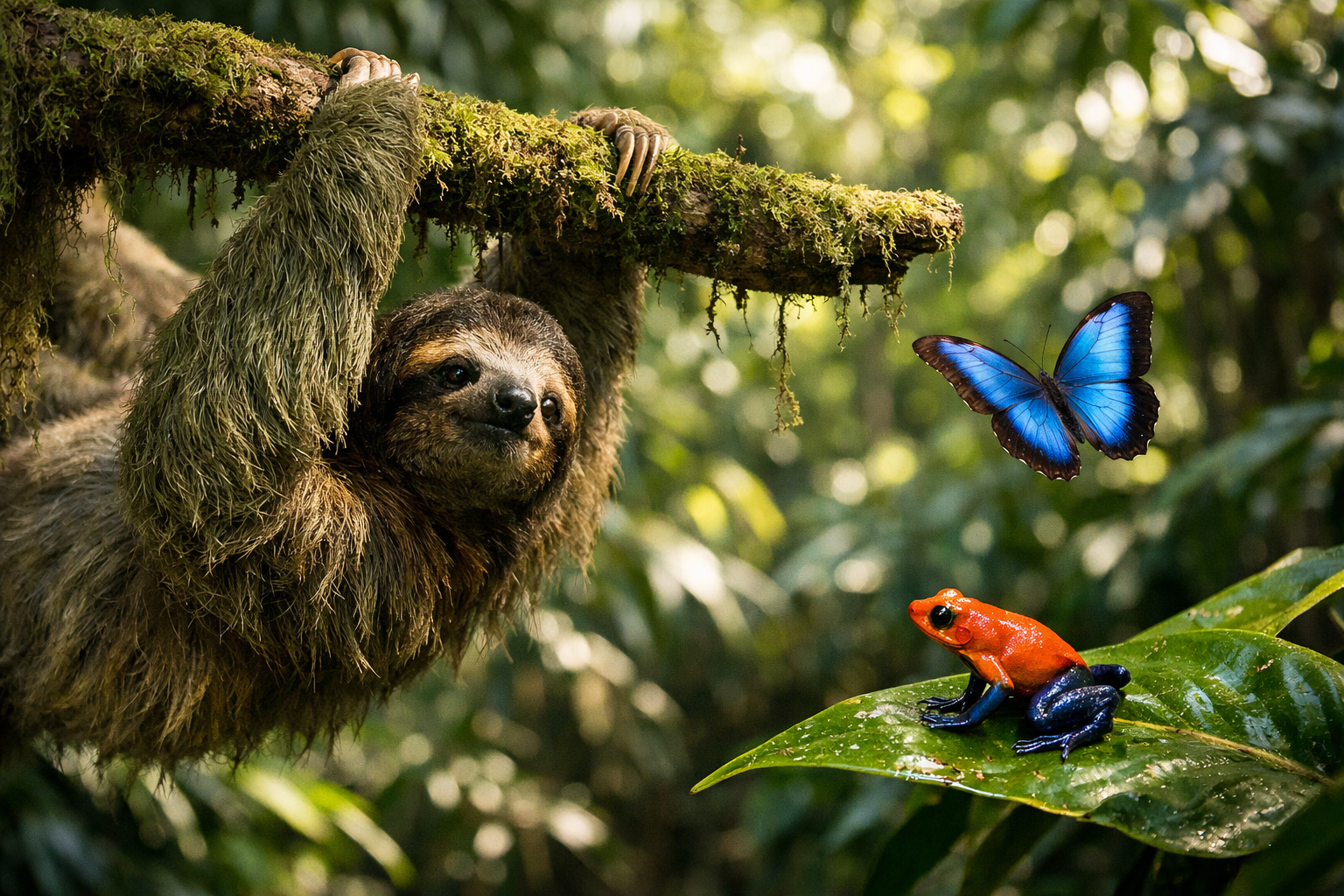 () editorial photograph showing a close-up wildlife encounter scene in Corcovado National Park rainforest. Central focus on