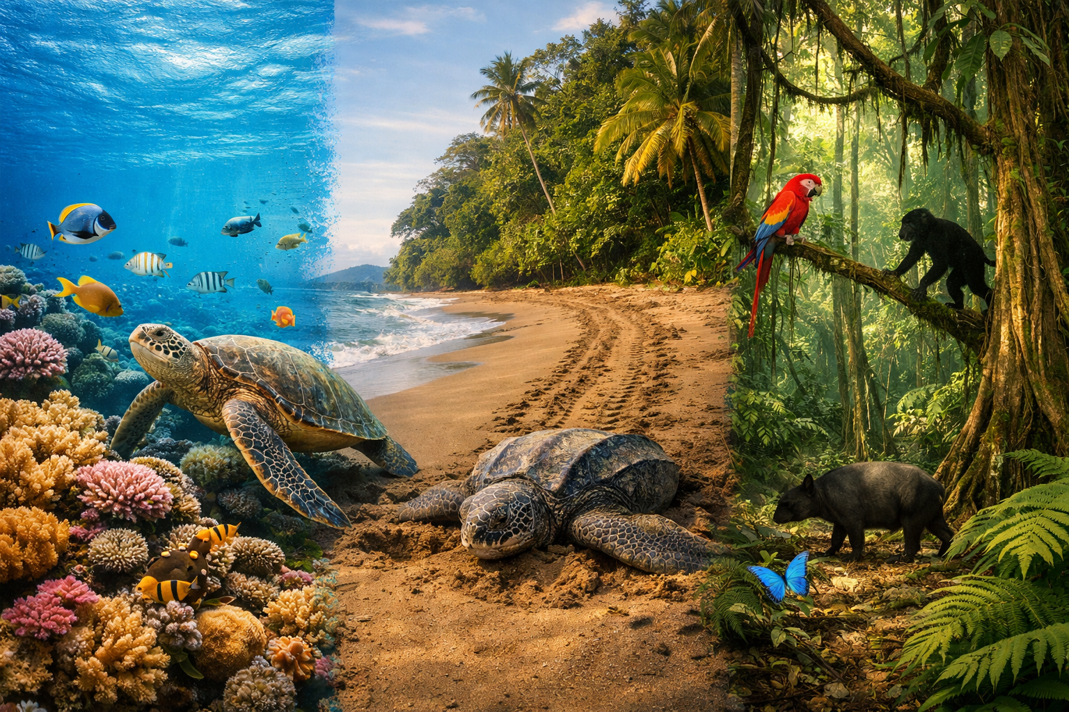 () split-composition image showing Osa Peninsula's diverse ecosystems in one frame. Left third: underwater coral reef scene