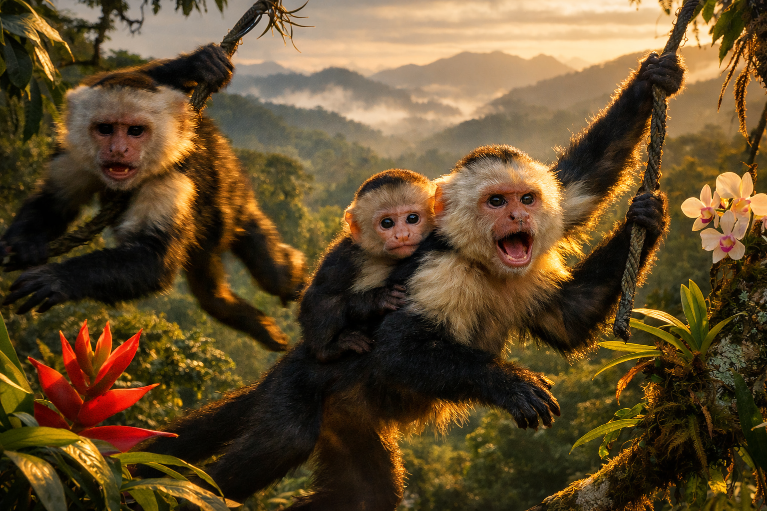 () dramatic wildlife photography composition featuring a family of white-faced capuchin monkeys in mid-action swinging