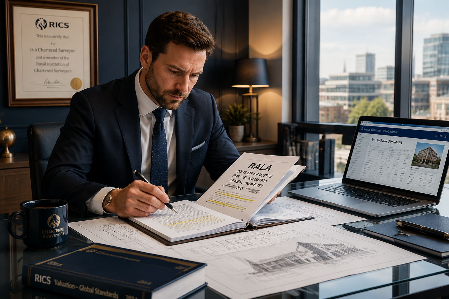 Wide-angle editorial illustration showing a formal UK commercial property valuation scene: a chartered surveyor at a