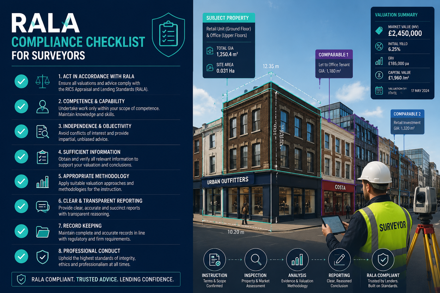 Split-panel infographic-style editorial image: left side shows a checklist titled 'RALA Compliance Checklist for Surveyors'