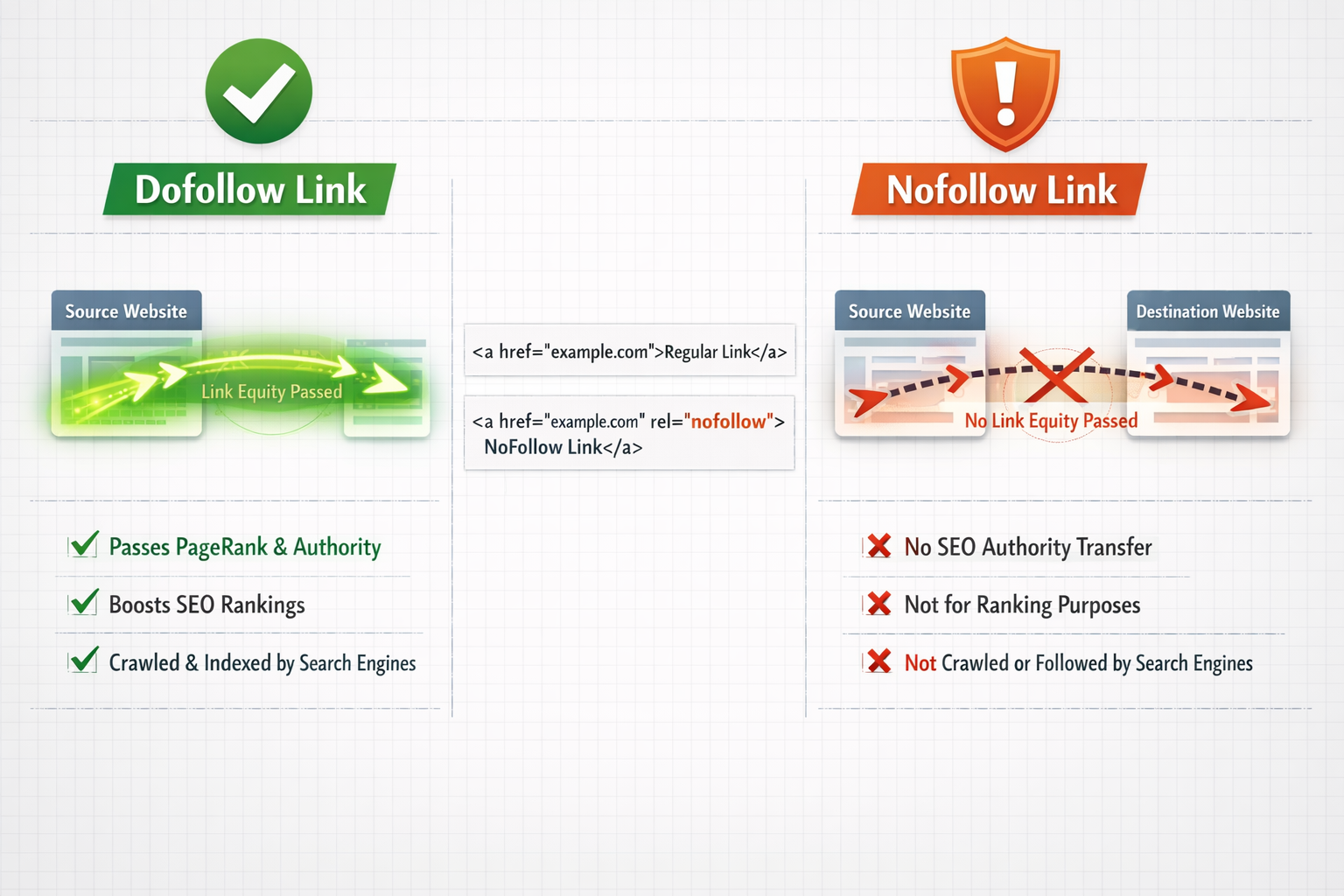 Landscape format (1536x1024) detailed infographic showing dofollow versus nofollow link attributes with split-screen comparison. Left side d