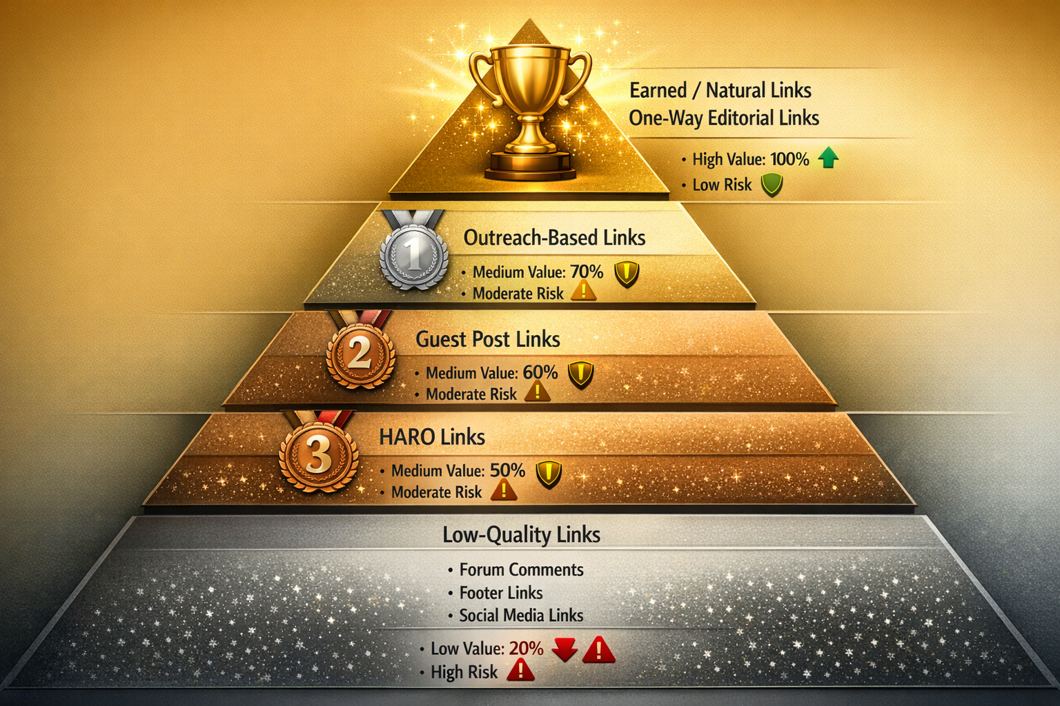 Landscape format (1536x1024) pyramid hierarchy diagram illustrating backlink value tiers from highest to lowest quality. Top tier shows gold